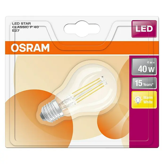 Osram LED-Lampe Retrofit Classic P - E27, Nicht Dimmbar, Warmweiß, 470 lm, 4 W - Produktverpackung einer Osram LED Star Classic P 40 E27 Glühbirne mit 4W, die einer 40W Glühbirne entspricht, mit warmweißem Licht.