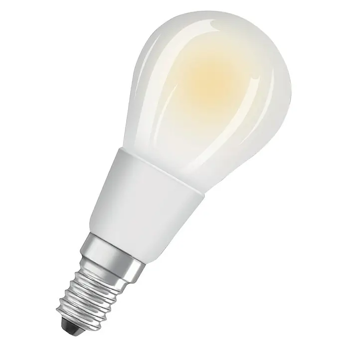 Osram LED-Lampe Tropfenform E14 matt - E14, Dimmbar, Warmweiß, 470 lm, 5 W - Aufnahme einer LED-Lampe mit mattiertem Kolben, die ein warmes, gelbliches Licht ausstrahlt und über einen E14-Sockel verfügt.