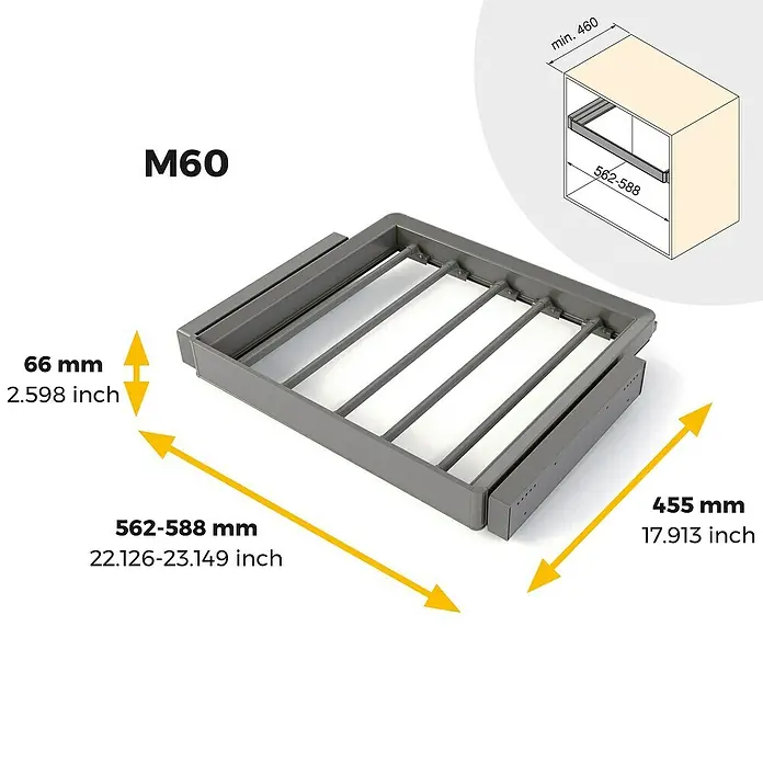 Emuca Hosenhalter Quartz - Metall, Titanium - Bild eines M60-Auszugs mit Maßangaben, die 66 mm Höhe, 562-588 mm Breite und 455 mm Tiefe zeigen.