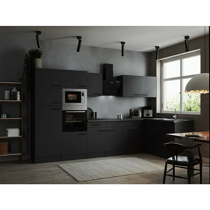 Respekta Olivia Winkelküche - 172 x 340 cm, Grau, Farbe Arbeitsplatte: Granit Optik, Mit Elektrogeräten, Schwarze Griffe - Moderne Küche in dunklen Farbtönen mit integrierten Geräten und einem minimalistischen Design für ein stilvolles Wohnerlebnis.