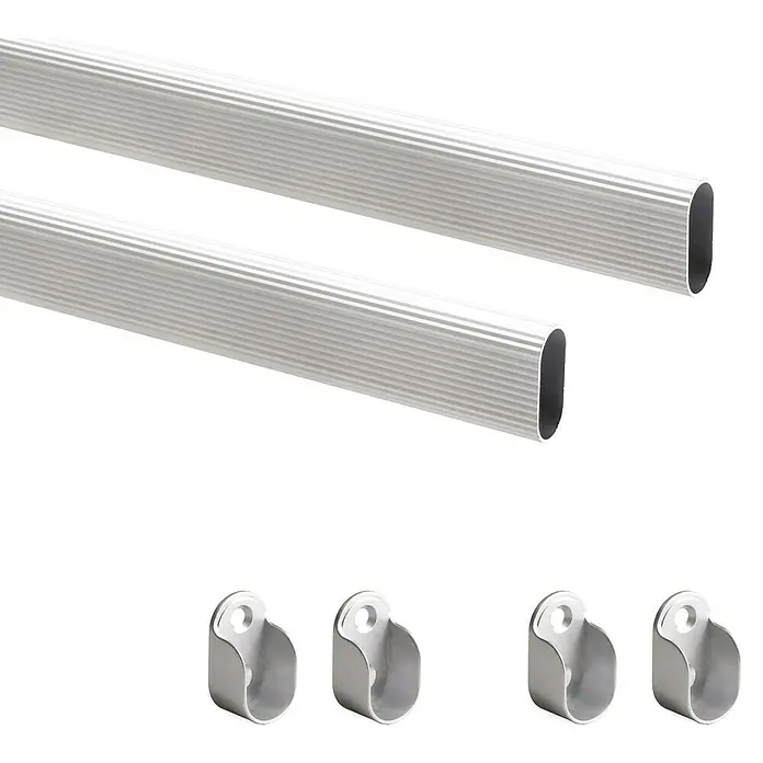 Emuca Kleiderstangen-Set - Geeignet für: Schränke, Länge: 75 cm, Silber - Zwei silberne, ovale Kleiderstangen mit vier Halterungen für die Montage im Kleiderschrank. Ideal, um Ordnung zu halten.