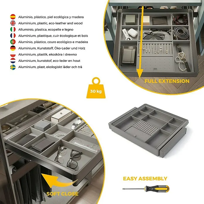 Emuca Schrank-Organisator Quartz - Breitenverstellung: 562 mm - 688 mm, Höhe: 66 mm, Traglast: 30 kg - Produktbild einer grauen Schublade mit Fächern für Schmuck und Accessoires, die für Ordnung im Kleiderschrank sorgt.