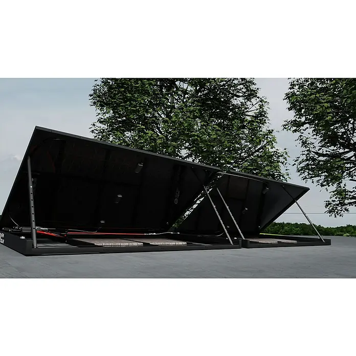 Hepa Solar Balkonkraftwerk Premium - 0% MwSt. gem. § 12 Abs. 3 UStG - 800 W, L x B x H: 184 x 120 x 10 cm, Back Contact-Technologie (HPBC) - Einblick in das Innere von zwei geöffneten Solarmodulen, die eine effiziente Energiegewinnung durch innovative Technologie versprechen.