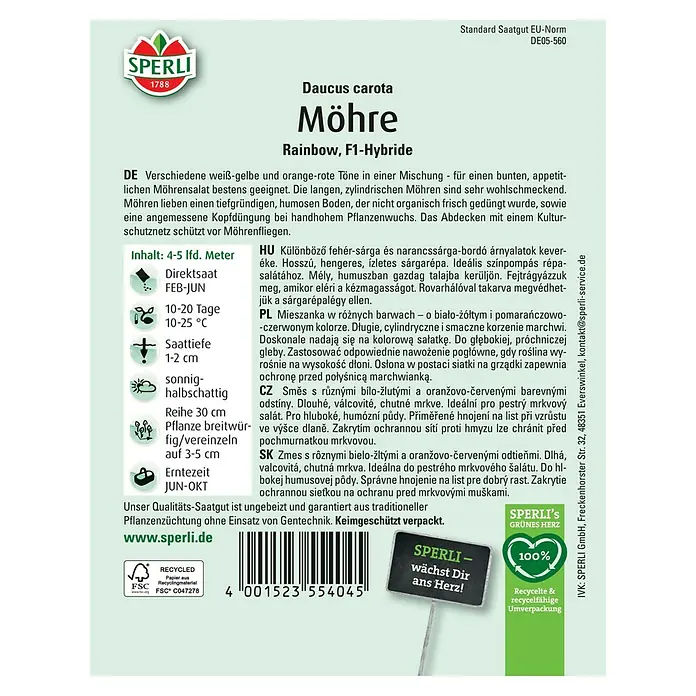 Sperli Gemüsesamen Möhre Rainbow F1 - Daucus carota, Erntezeit: Mai, F1-Hybrid - SPERLI Möhre Rainbow F1-Hybride Saatgutpackung. Vielfältige, farbenfrohe Karottenmischung für den Garten.
