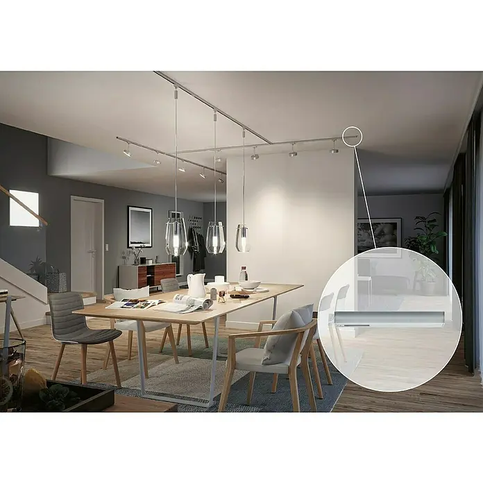 Paulmann URail End-Einspeisung - 16,1 cm, 1.000 W, Chrom matt - Attraktives Esszimmer mit linearem Schienensystem und stilvollen Hängeleuchten, die modernes Design und Funktionalität vereinen.