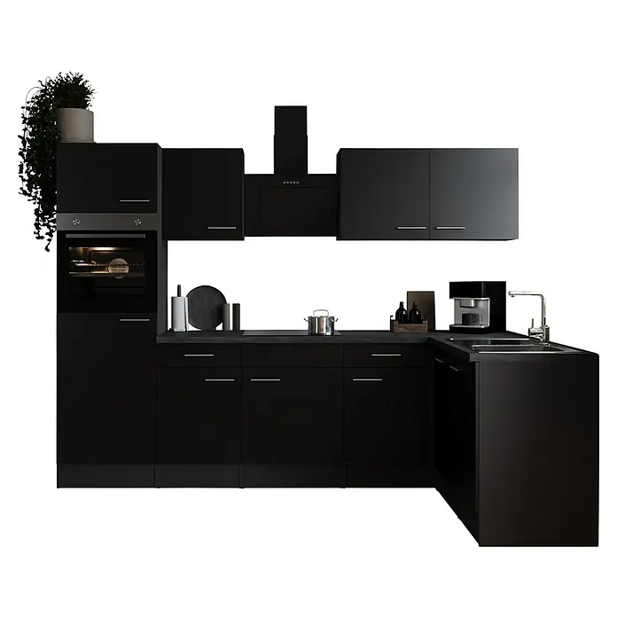 Respekta Olivia Winkelküche - 172 x 280 cm, Schwarz, Mit Elektrogeräten - Elegante schwarze Küche mit modernen Schränken, einem integrierten Ofen und einer stilvollen Dunstabzugshaube. Die perfekte Küchenausstattung.