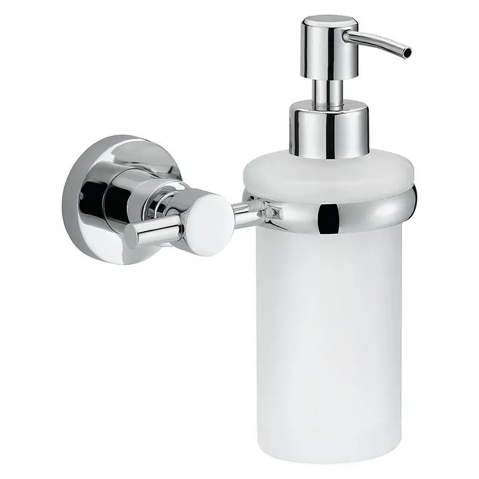 Tesa Loxx Dispensador de jabón - Cromo satinado - Dispensador de jabón de pared con acabado cromado y recipiente de vidrio esmerilado para una decoración de baño elegante.