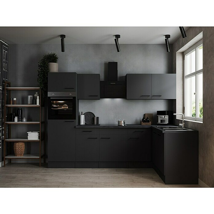 Respekta Olivia Winkelküche (172 x 280 cm, Grau, Farbe Arbeitsplatte: Granit Optik, Mit Elektrogeräten, Schwarze Griffe) | BAUHAUS