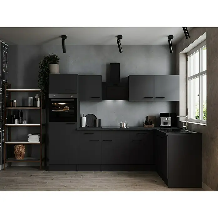 Respekta Olivia Winkelküche - 172 x 280 cm, Grau, Farbe Arbeitsplatte: Granit Optik, Mit Elektrogeräten, Schwarze Griffe - Modernes Küchendesign in dunklen Farbtönen mit Einbauschränken, Regalen und stilvoller Beleuchtung für eine elegante Atmosphäre.