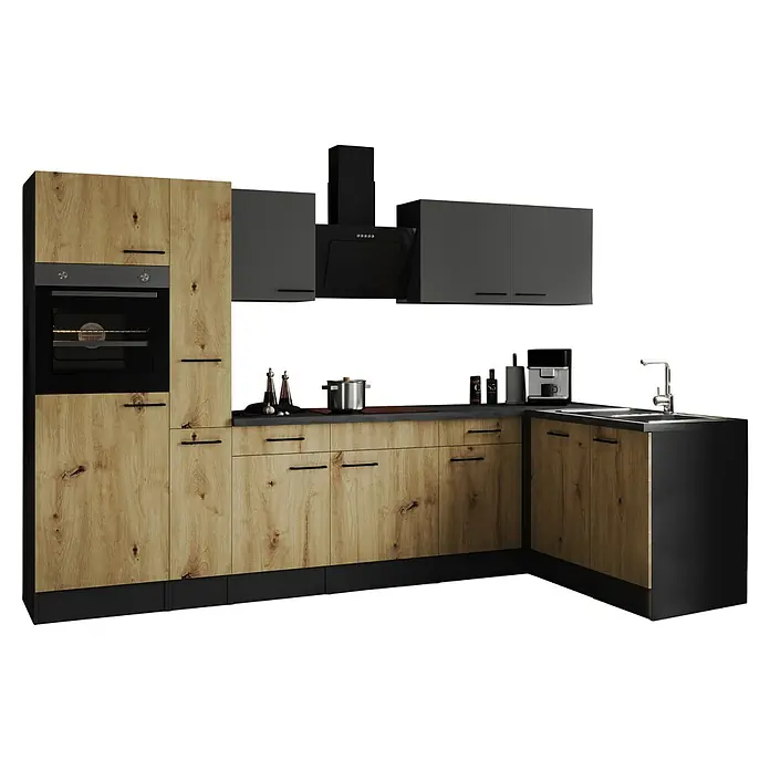 Respekta Olivia Winkelküche - 172 x 310 cm, Artisan Eiche Nachbildung/Grau, Mit Elektrogeräten - Moderne Küche mit Holzfronten, integriertem Backofen und dunklen Hängeschränken. Stilvolles Design für ein zeitgemäßes Zuhause.