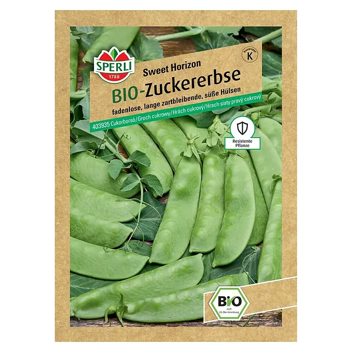 Sperli Gemüsesamen BIO-Zuckererbse Sweet Horizon - Pisum sativum, Erntezeit: Juni - Samenpackung Bio-Zuckererbse "Sweet Horizon" von Sperli, mit grünen Schoten.