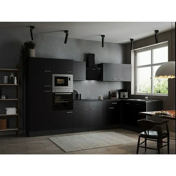 Respekta Olivia Winkelküche - 172 x 340 cm, Schwarz, Mit Elektrogeräten - Elegantes Küchendesign mit schwarzen Schränken, modernen Geräten und stilvoller Beleuchtung für eine zeitgemäße Atmosphäre.
