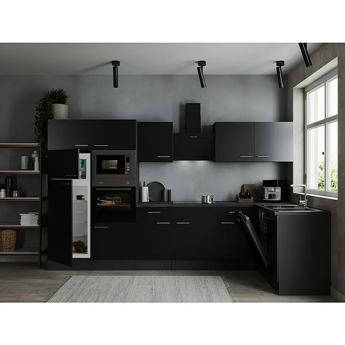 Respekta Olivia Winkelküche - 172 x 340 cm, Schwarz, Mit Elektrogeräten - Schwarze Küche mit modernen Geräten und eleganten Schränken. Das minimalistische Design wird durch die Beleuchtung hervorgehoben.