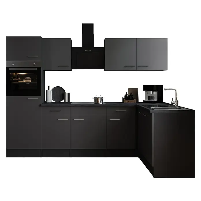 Respekta Olivia Winkelküche - 172 x 280 cm, Grau, Farbe Arbeitsplatte: Granit Optik, Mit Elektrogeräten, Silberne Griffe - Elegantes Küchendesign in dunklen Farbtönen mit modernen Schränken und Geräten für eine stilvolle Atmosphäre beim Kochen und Zubereiten.