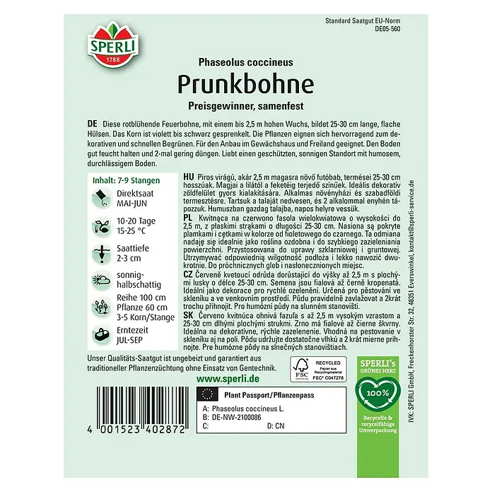 Gemüsesamen Prunkbohne Preisgewinner - Phaseolus coccineus, Erntezeit: Juli - Samenpackung Prunkbohne: Preisgekrönte, samenfeste Stangenbohnen für den Anbau im Gewächshaus und Freiland.