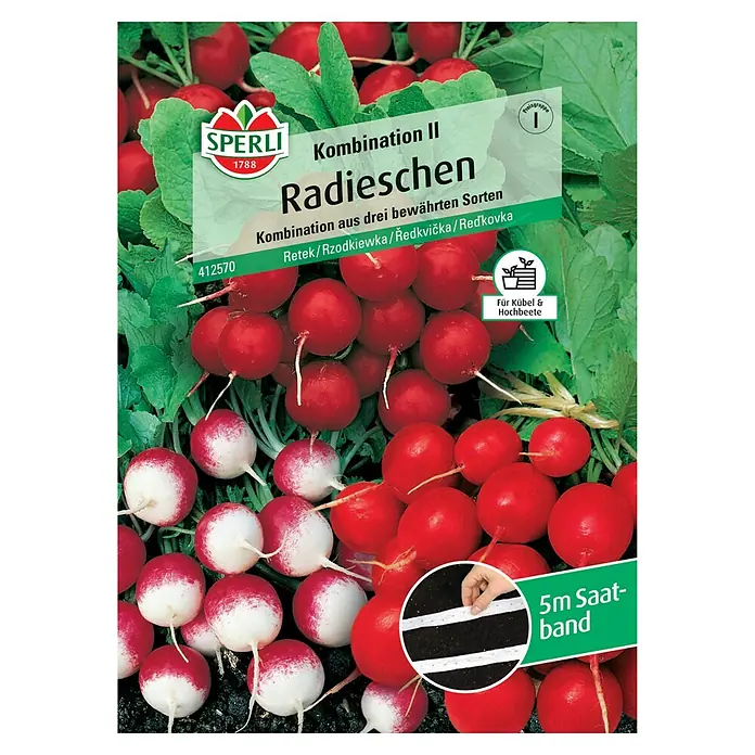Sperli Gemüsesamen Radieschen Kombination II - Raphanus sativus, Erntezeit: Mai - Eine Saatgutpackung "Radieschen Kombination II" von Sperli, die eine Kombination aus drei bewährten Sorten und ein 5m Saatband enthält.
