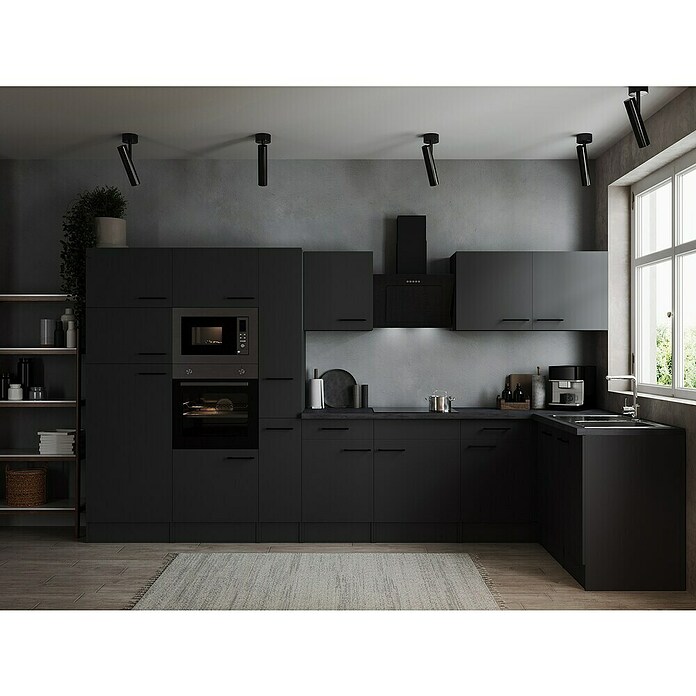 Respekta Olivia Winkelküche (172 x 370 cm, Grau, Farbe Arbeitsplatte: Granit Optik, Mit Elektrogeräten, Schwarze Griffe) | BAUHAUS