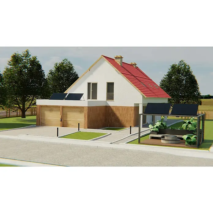 Hepa Solar Balkonkraftwerk Premium - 0% MwSt. gem. § 12 Abs. 3 UStG - 800 W, L x B x H: 184 x 120 x 10 cm, Back Contact-Technologie (HPBC) - Eine moderne Hausansicht mit Solarzellen auf dem Garagendach und einer stilvollen Gartengestaltung. Nachhaltige Energie trifft auf Design.