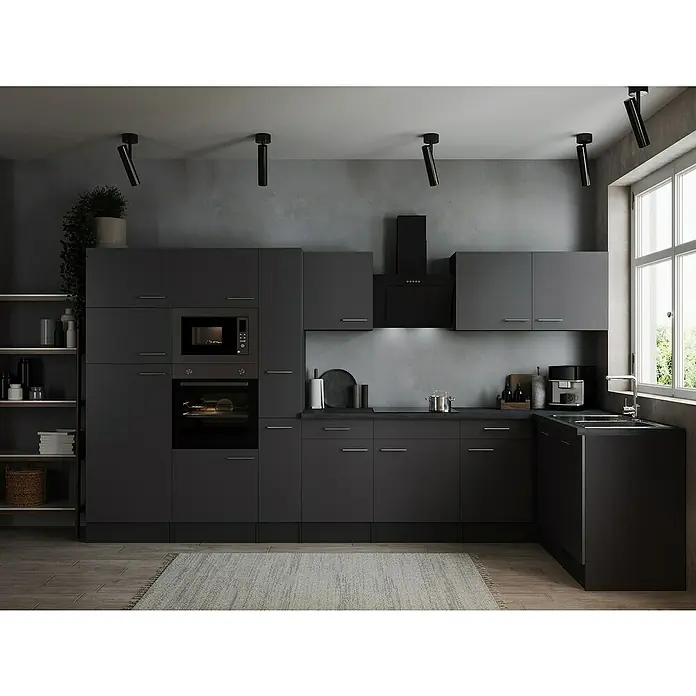 Respekta Olivia Winkelküche - 172 x 370 cm, Grau, Farbe Arbeitsplatte: Granit Optik, Mit Elektrogeräten, Silberne Griffe - Moderne Küche mit grauen Schränken, integrierten Geräten und stilvoller Beleuchtung für ein elegantes und funktionales Design.
