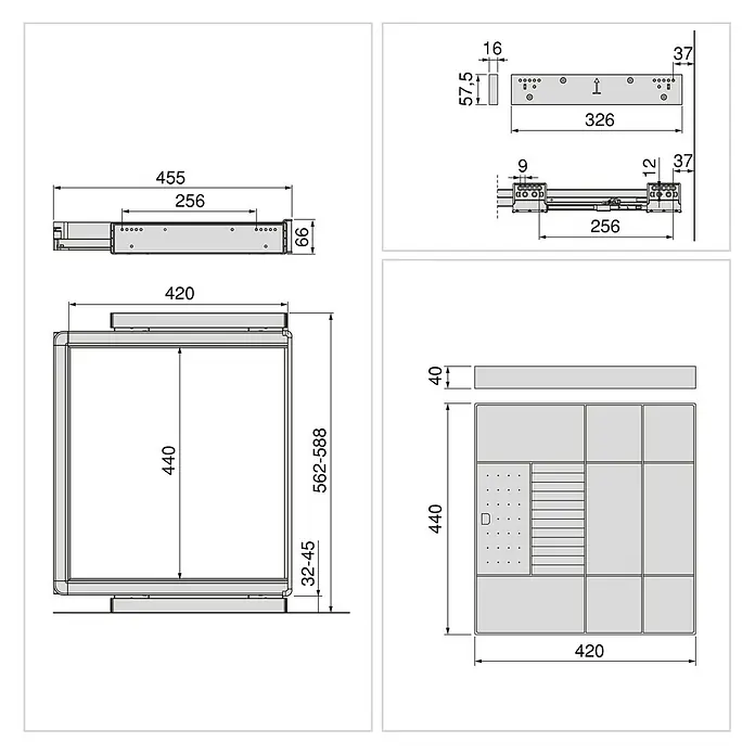 Emuca Schrank-Organisator Quartz - Breitenverstellung: 562 mm - 688 mm, Höhe: 66 mm, Traglast: 30 kg - Produktansicht mit Maßangaben. Die Zeichnung zeigt detaillierte Maße des Produkts in verschiedenen Ansichten für eine präzise Planung.