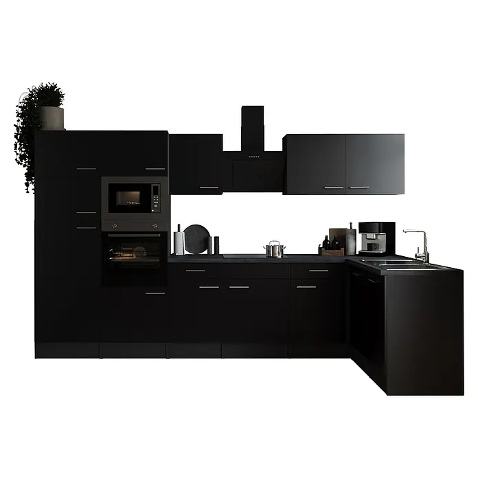 Respekta Olivia Winkelküche - 172 x 340 cm, Schwarz, Mit Elektrogeräten - Moderne schwarze Küche mit Spüle, Herd und Küchengeräten. Die elegante Küche bietet viel Stauraum und Arbeitsfläche.