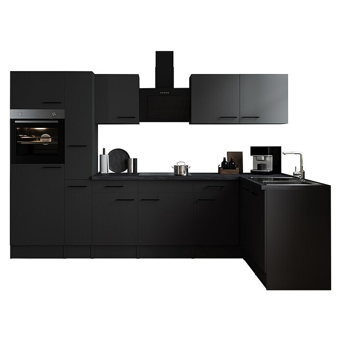 Respekta Olivia Winkelküche (172 x 310 cm, Grau, Farbe Arbeitsplatte: Granit Optik, Mit Elektrogeräten, Schwarze Griffe) | BAUHAUS