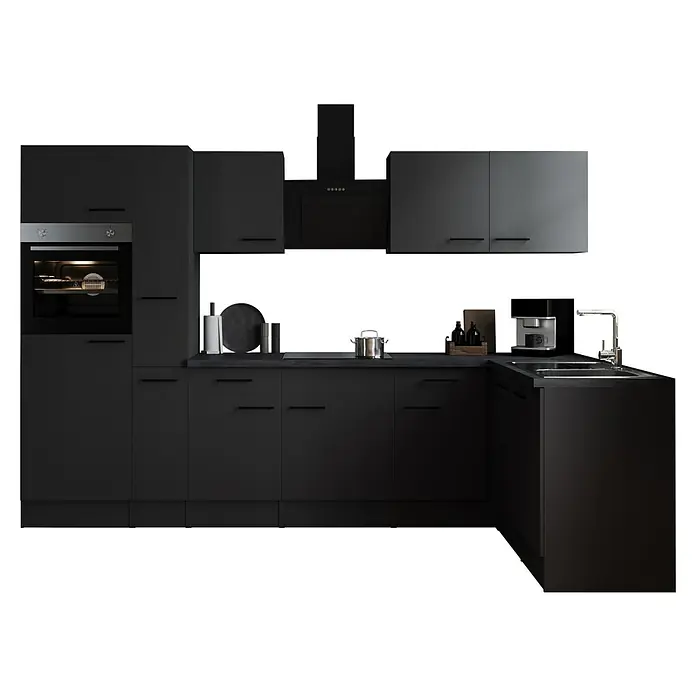 Respekta Olivia Winkelküche - 172 x 310 cm, Grau, Farbe Arbeitsplatte: Granit Optik, Mit Elektrogeräten, Schwarze Griffe - Eine moderne, mattschwarze Küche mit integrierten Geräten, minimalistischen Griffen und stilvoller Dunstabzugshaube.