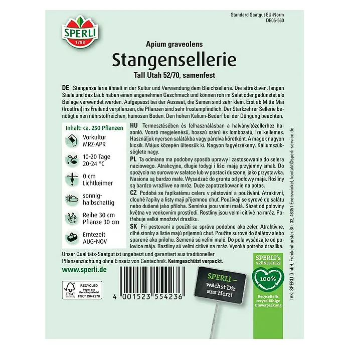 Sperli Gemüsesamen Stangensellerie - Apium graveolens, Erntezeit: August - Samenpackung Stangensellerie 'Tall Utah 52/70' von Sperli, samenfest, für den Anbau aromatischer, langer Stiele im eigenen Garten.