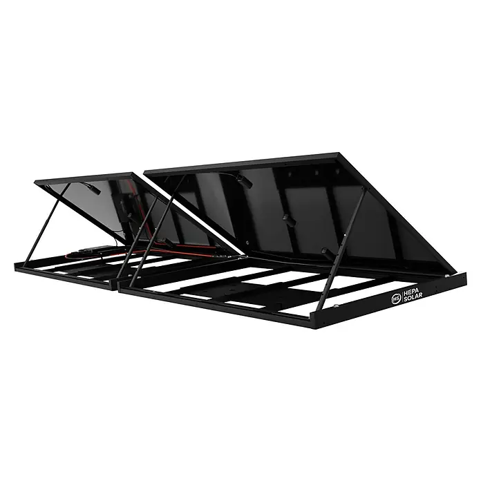 Hepa Solar Balkonkraftwerk Premium - 0% MwSt. gem. § 12 Abs. 3 UStG - 800 W, L x B x H: 184 x 120 x 10 cm, Back Contact-Technologie (HPBC) - HEPA SOLAR Solarmodule: Zwei schwarze Module auf einer schwarzen Halterung mit Kabeln, ideal für netzunabhängige Anwendungen.
