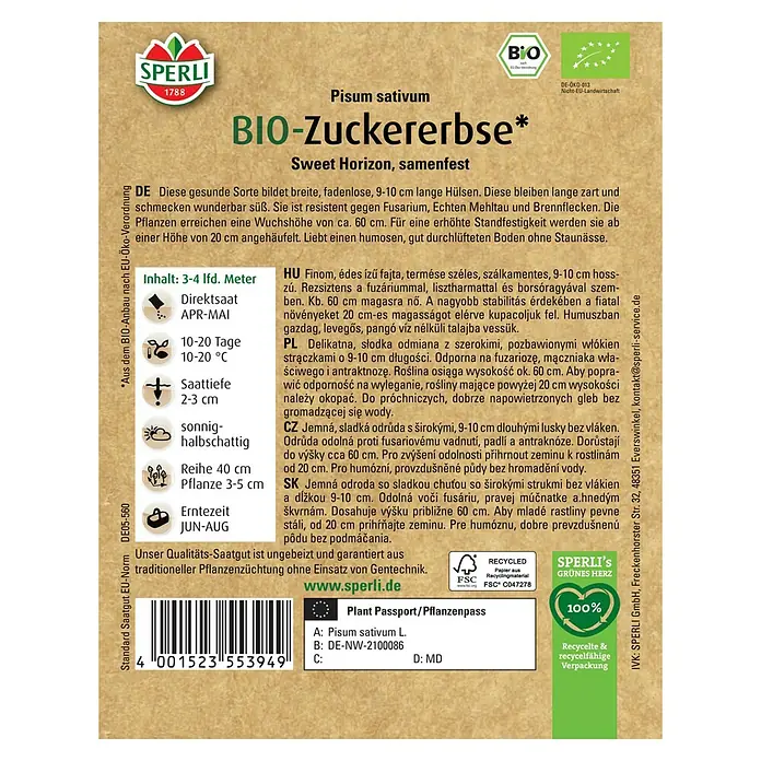 Sperli Gemüsesamen BIO-Zuckererbse Sweet Horizon - Pisum sativum, Erntezeit: Juni - SPERLI BIO-Zuckererbse "Sweet Horizon": Samenfestes Saatgut für süße, zarte Erbsen. Ideal für den Bio-Anbau, resistent gegen Krankheiten.