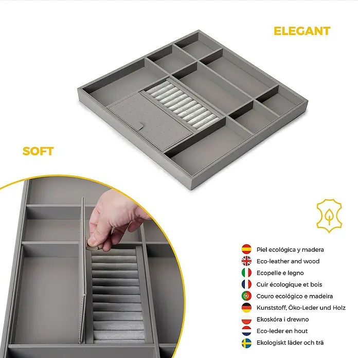 Emuca Schrank-Organisator Quartz - Breitenverstellung: 562 mm - 688 mm, Höhe: 66 mm, Traglast: 30 kg - Elegante, graue Schmuckaufbewahrung aus Eco-Leder und Holz mit verschiedenen Fächern für Ringe und andere Schmuckstücke.