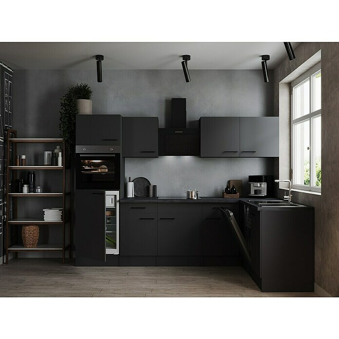 Respekta Olivia Winkelküche (172 x 280 cm, Grau, Farbe Arbeitsplatte: Granit Optik, Mit Elektrogeräten, Schwarze Griffe) | BAUHAUS
