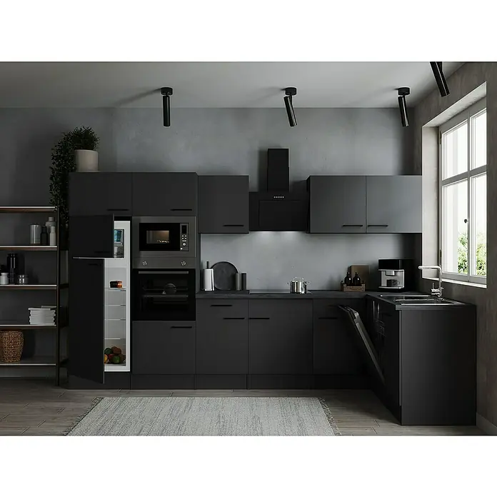 Respekta Olivia Winkelküche - 172 x 340 cm, Grau, Farbe Arbeitsplatte: Granit Optik, Mit Elektrogeräten, Schwarze Griffe - Eine moderne, schwarze Küche mit Einbaugeräten, viel Stauraum und einer hellen Fensterfront, die für ein angenehmes Ambiente sorgt.