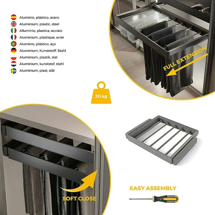 Emuca Hosenhalter Quartz - Metall, Titanium - Ausziehbarer Hosenhalter mit Soft-Close-Funktion und einfacher Montage. Die Materialien sind Aluminium, Kunststoff und Stahl. Bis zu 30 kg belastbar.