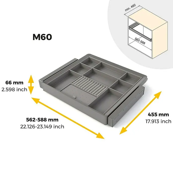 Emuca Schrank-Organisator Quartz - Breitenverstellung: 562 mm - 688 mm, Höhe: 66 mm, Traglast: 30 kg - Darstellung einer grauen Schmuckschublade M60 mit Fachaufteilung, Größenangaben in mm und Zoll für Breite, Tiefe und Höhe.