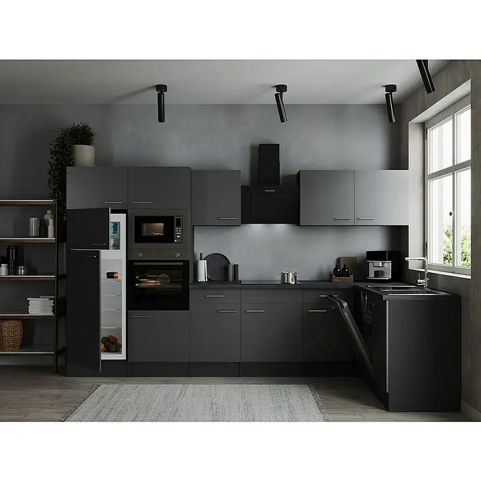 Respekta Olivia Winkelküche - 172 x 340 cm, Grau, Farbe Arbeitsplatte: Granit Optik, Mit Elektrogeräten, Silberne Griffe - Moderne graue Küche mit Einbaugeräten und viel Stauraum, ideal für kulinarische Erlebnisse. Das Design ist zeitlos und funktional.