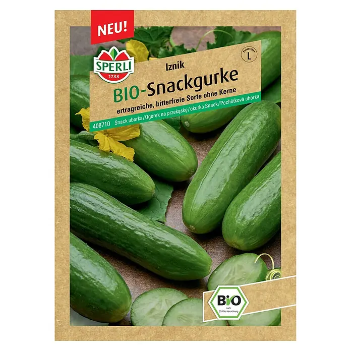 Sperli Snack-Gurke Bio - Cucumis sativus, Erntezeit: Juli - Samenpackung Bio-Snackgurke "Iznik" von Sperli. Reichertragende, bitterfreie Sorte ohne Kerne für den kleinen Hunger zwischendurch.
