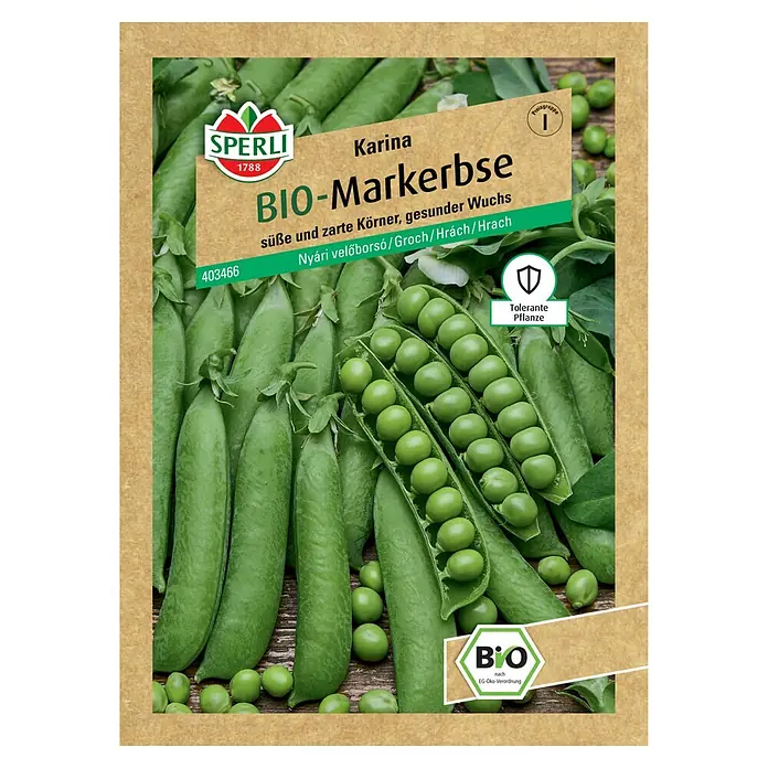 Sperli Gemüsesamen Bio Sommermarkerbse Karina - Pisum sativum, Erntezeit: Juni - Samenpackung "Karina Bio-Markerbse" von Sperli: Süße, zarte Körner für gesunden Wuchs. Ideal für den Bio-Anbau im Garten.