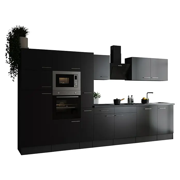 Respekta Olivia Küchenzeile - Breite: 370 cm, Schwarz, Mit Elektrogeräten - Moderne Küche in dunklen Farbtönen mit Einbaugeräten und minimalistischem Design für einen stilvollen Look.