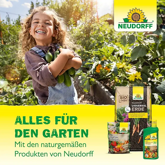 Neudorff Grünpflanzendünger Balsamol Blattdünger - 250 ml - Werbung für Neudorff Gartenprodukte mit einem Mädchen, das Gurken hält, und Produkten wie Universalerde und Dünger.