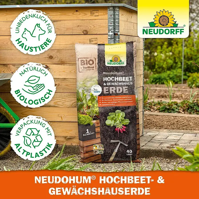 Neudorff NeudoHum Hochbeeterde - 40 l - Bild einer Packung Neudorff NeudoHum Hochbeet- & Gewächshauserde, ideal für Gemüse und Kräuter.
