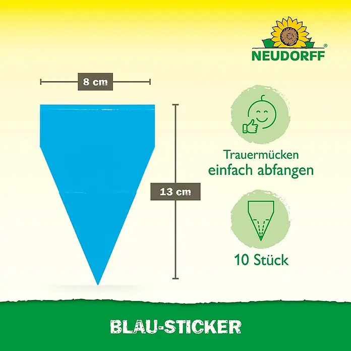Neudorff Klebefalle Blau-Sticker - Blau, 10 Stk. - Produktabbildung der Neudorff Blau-Sticker, einem Schädlingsbekämpfungsmittel mit den Maßen 8x13cm, zur Bekämpfung von Trauermücken.