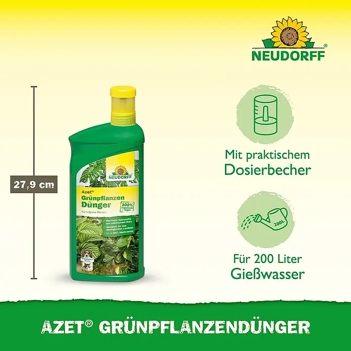 Neudorff Azet Grünpflanzendünger - 1 l - Produktbild von Neudorff Azet® Grünpflanzendünger, einem organischen Flüssigdünger für Zimmerpflanzen mit einer Höhe von 27,9 cm.