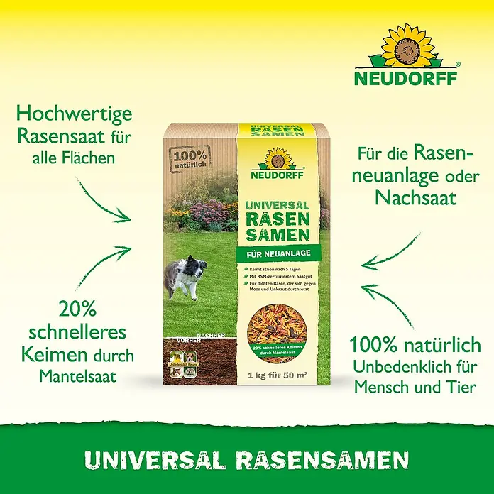 Neudorff Rasensamen Universal - 1 kg, 50 m² - Rasensamenpackung von Neudorff, Universalsaat für dichten Rasen und schnelle Keimung, ideal für Neuanlagen.