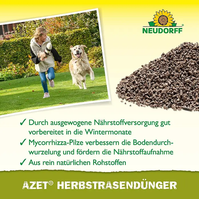 Neudorff Azet Herbstrasendünger - 18 kg, Max. Anwendungsfläche: 360 m² - Herbst-Rasendünger von Neudorff für eine ausgewogene Nährstoffversorgung im Winter. Das Produkt fördert die Durchwurzelung und Nährstoffaufnahme aus natürlichen Rohstoffen.
