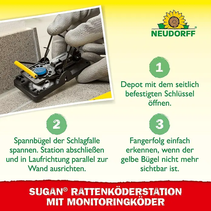 Neudorff Sugan Rattenfalle Köderstation & Duftköder - Schlagfalle, Metall - Anleitung zur Verwendung der Sugan Rattenköderstation mit Monitoringköder.