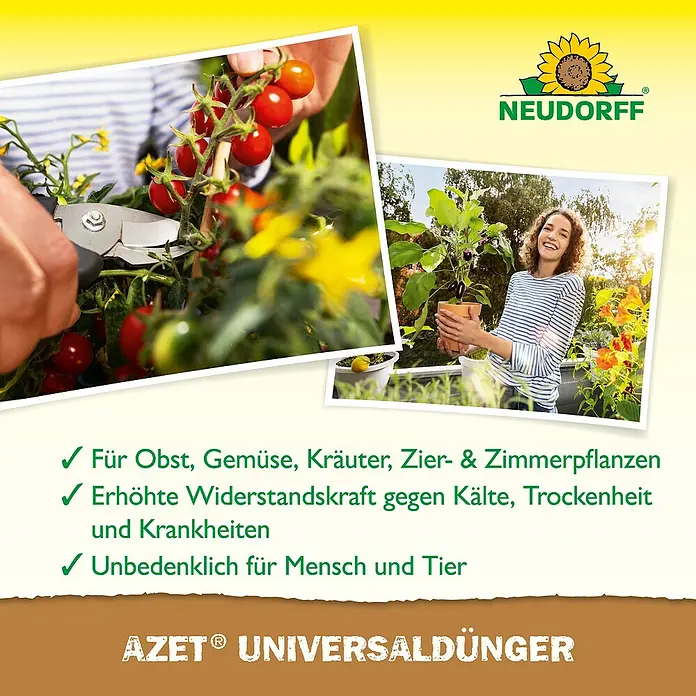 Neudorff Azet Universaldünger - 250 ml - Abbildung von Neudorff Azet Universaldünger mit glücklicher Frau und gesunden Pflanzen.