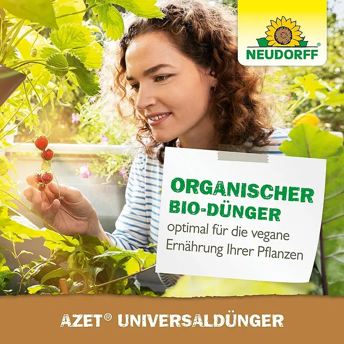 Neudorff Azet Universaldünger - 250 ml - Frau betrachtet Erdbeeren, hält Schild mit "Organischer Bio-Dünger" und Neudorff Azet Universaldünger im Bild.