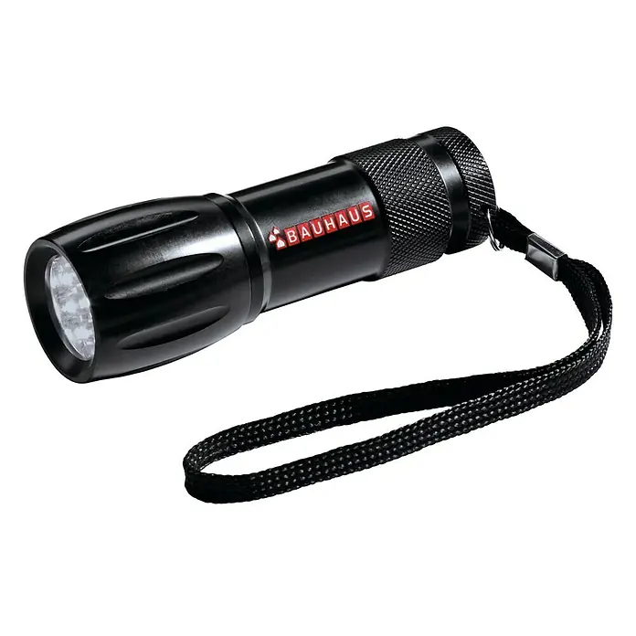 BAUHAUS Linterna Mini - 100 lm, IP20 - Esta imagen muestra una linterna Bauhaus negra con una correa de mano. Perfecta para usar en condiciones de oscuridad.