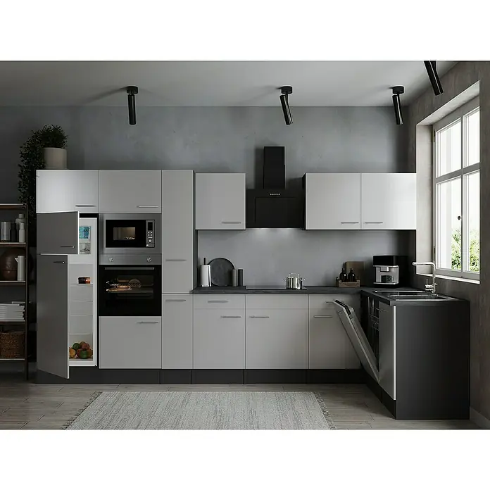Respekta Olivia Winkelküche - 172 x 370 cm, Weiß, Mit Elektrogeräten - Elegantes Küchendesign mit modernen Schränken, Geräten und einer stilvollen Dunstabzugshaube. Helle Farben und natürliche Beleuchtung schaffen eine freundliche Atmosphäre.